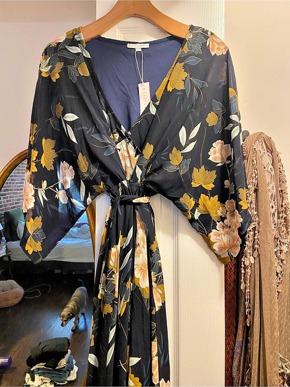Baltic Born Kia Kimono Maxi Dress Floral Navy Blue & Yellow Large